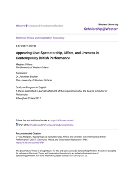 Spectatorship, Affect, and Liveness in Contemporary British Performance