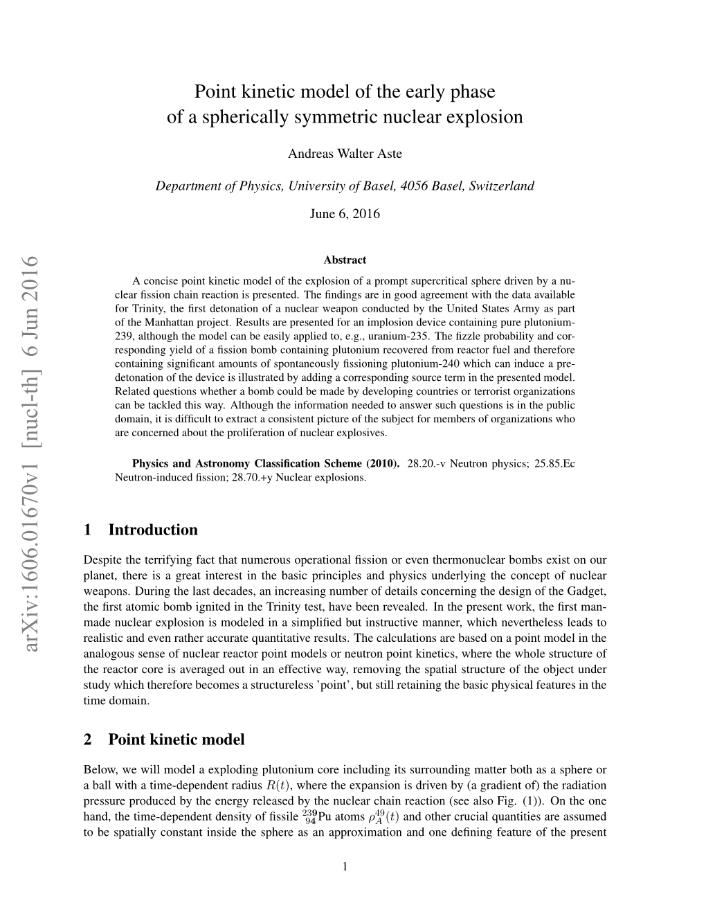 Point Kinetic Model of the Early Phase of a Spherically Symmetric Nuclear Explosion