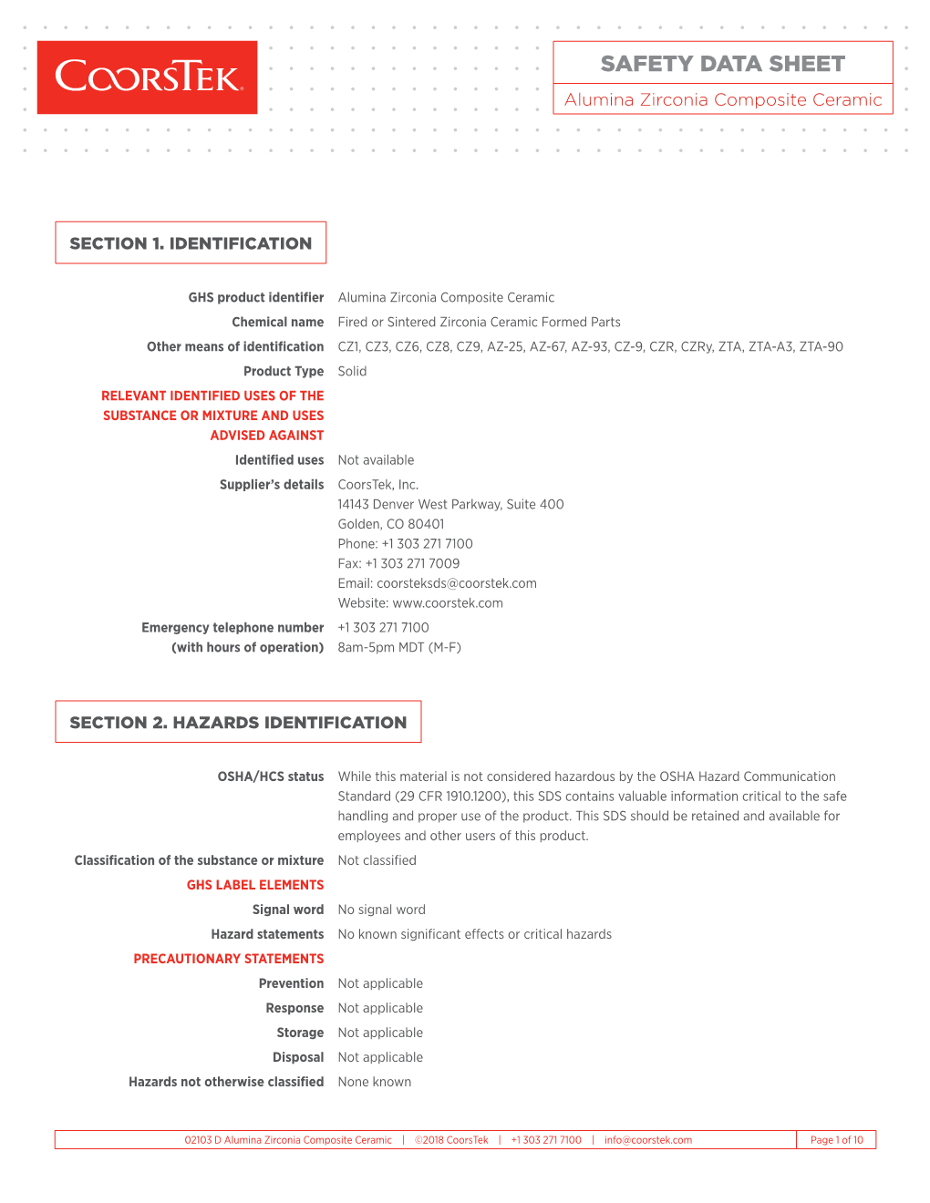 SAFETY DATA SHEET Alumina Zirconia Composite Ceramic