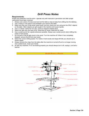 Drill Press Notes Requirements: Proper Eye Protection Must Be Worn—Operate Only with Instructor’S Permission and After Proper Instructions Have Been Received