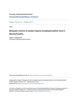 Mosquito Vectors of Eastern Equine Encephalomyelitis Virus in Massachusetts