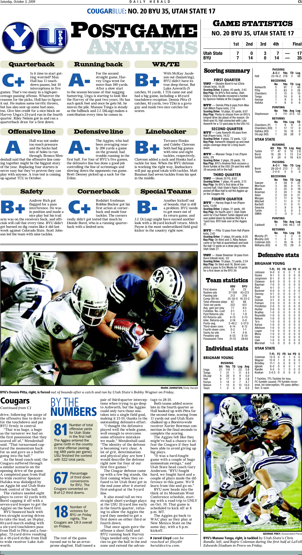 Byu 35, Utah State 17 Ga M E S Tat I S T I C S Po S T G a M E No