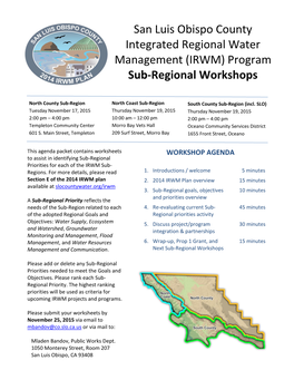 San Luis Obispo County Integrated Regional Water Management (IRWM) Program Sub-Regional Workshops