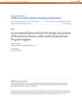 A Conceptual Framework for the Design and Analysis of First-Person Shooter Audio and Its Potential Use for Game Engines
