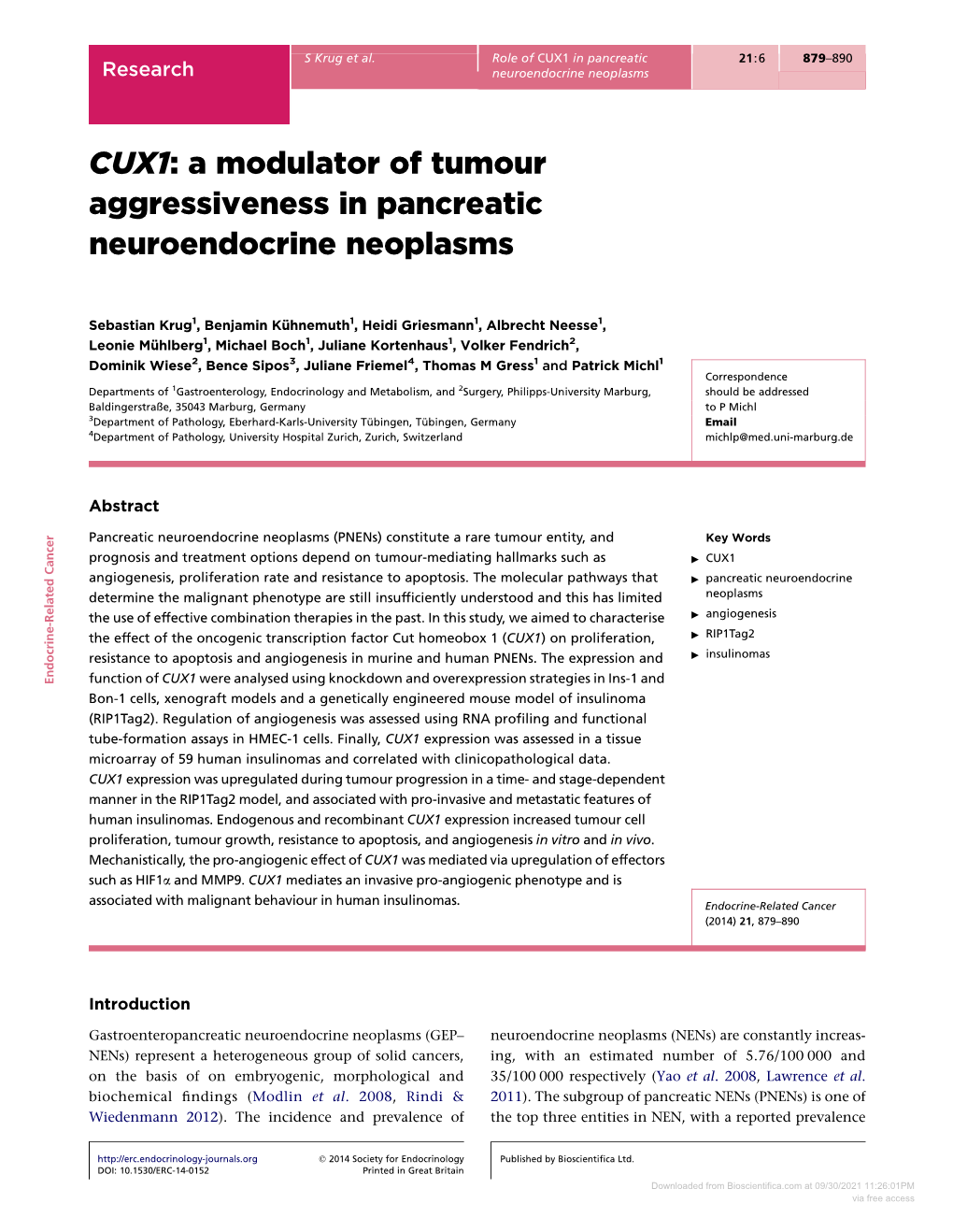 CUX1 in Pancreatic 21:6 879–890 Research Neuroendocrine Neoplasms