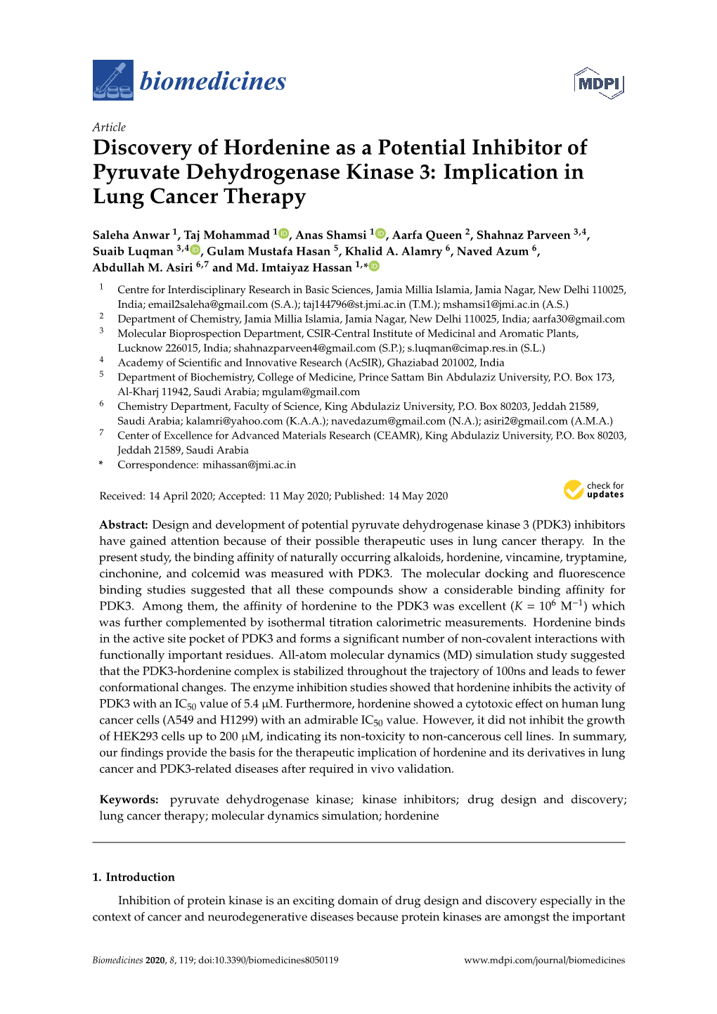 Discovery of Hordenine As a Potential Inhibitor of Pyruvate Dehydrogenase Kinase 3: Implication in Lung Cancer Therapy