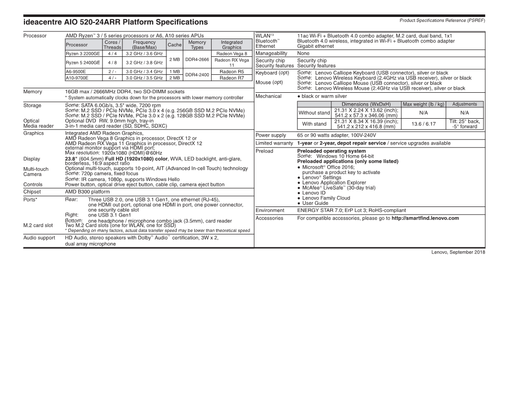 Ideacentre AIO 520-24ARR Platform Specifications Product Specifications Reference (PSREF)