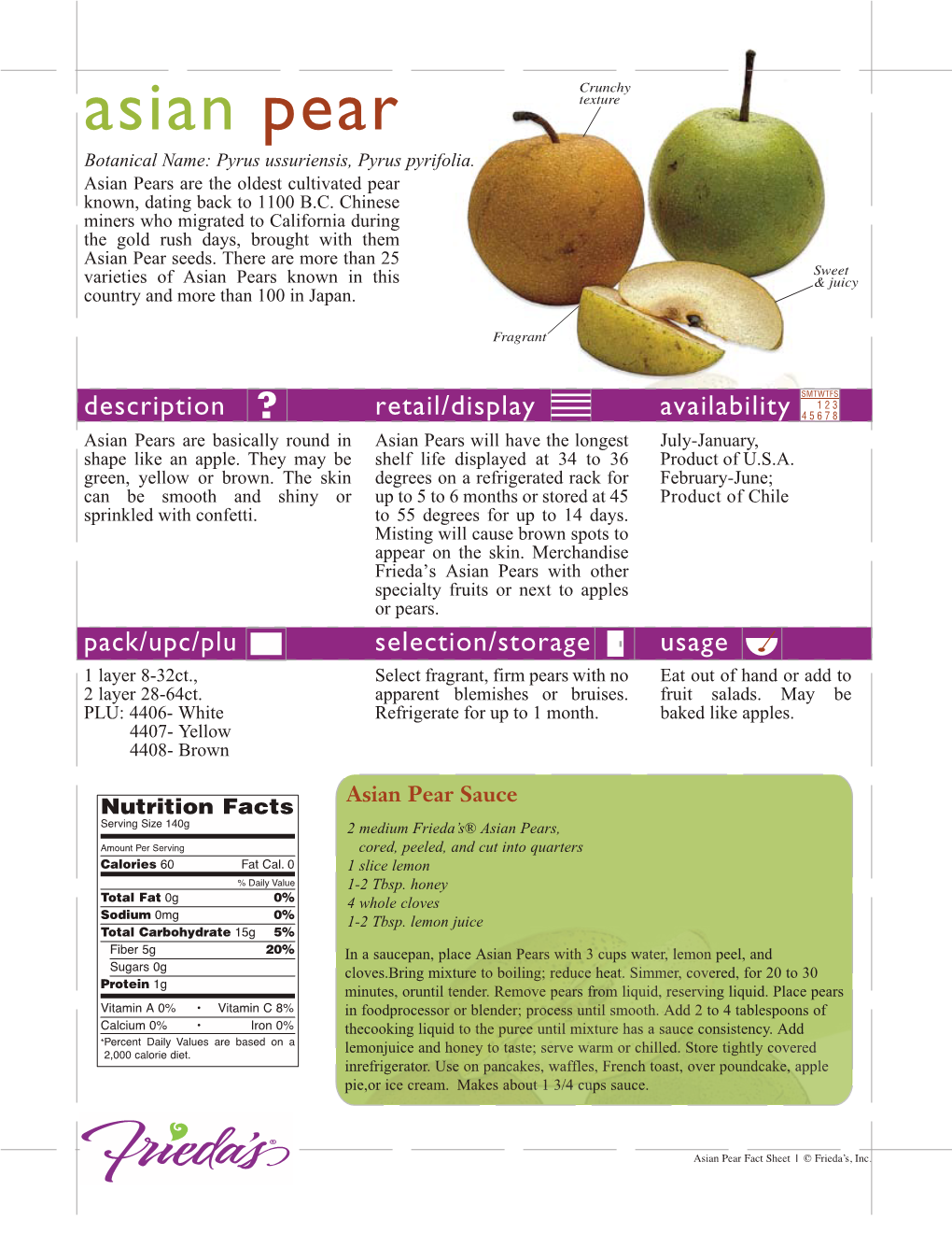 Asian Pear Fact Sheet | © Frieda’S, Inc