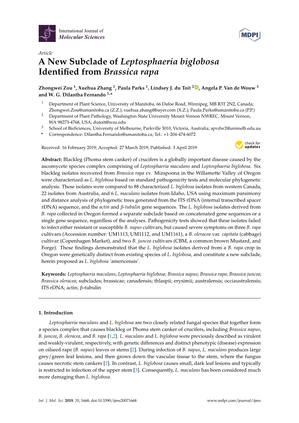 A New Subclade of Leptosphaeria Biglobosa Identiﬁed from Brassica Rapa