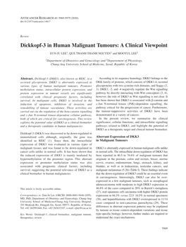 Dickkopf-3 in Human Malignant Tumours: a Clinical Viewpoint EUN-JU LEE 1, QUE THANH THANH NGUYEN 1 and MOOYUL LEE 2