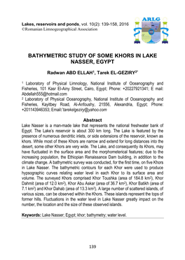 Bathymetric Study of Some Khors in Lake Nasser, Egypt