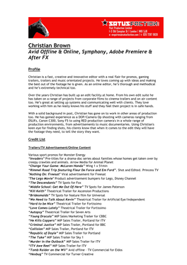 Christian Brown Avid Offline & Online, Symphony, Adobe Premiere & After FX