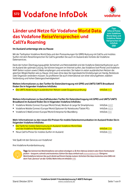 Infodok 572: Länder Und Netze Für Vodafone World Data, Das Vodafone Reiseversprechen Und Callya Roaming