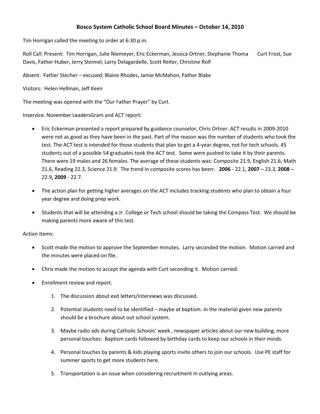 Bosco System Catholic School Board Minutes October 14, 2010