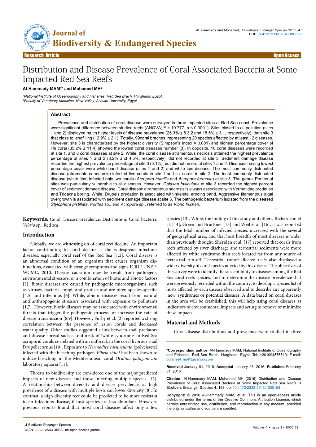 Distribution and Disease Prevalence of Coral Associated Bacteria At