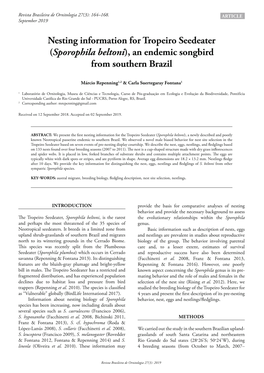 Nesting Information for Tropeiro Seedeater (Sporophila Beltoni), an Endemic Songbird from Southern Brazil