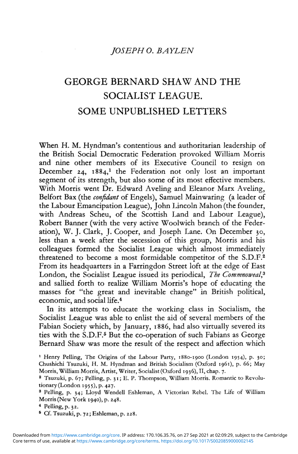 George Bernard Shaw and the Socialist League. Some Unpublished Letters