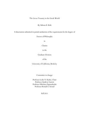 The List As Treasury in the Greek World by Athena E. Kirk a Dissertation Submitted in Partial Satisfaction of the Requirements F