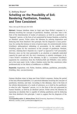 Schelling on the Possibility of Evil: Rendering Pantheism, Freedom, and Time Consistent