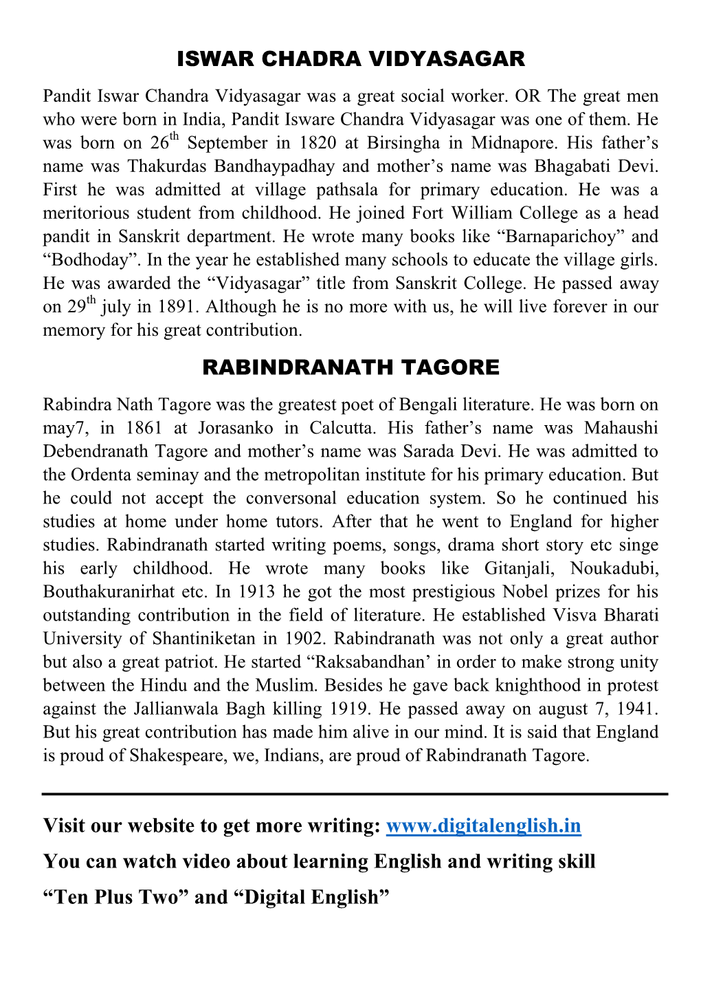 ISWAR CHADRA VIDYASAGAR RABINDRANATH TAGORE Visit Our Website to Get More Writing
