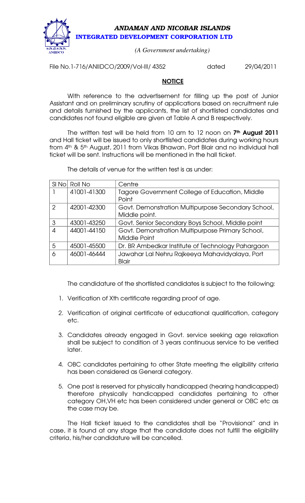 ANDAMAN and NICOBAR ISLANDS (A Government Undertaking)