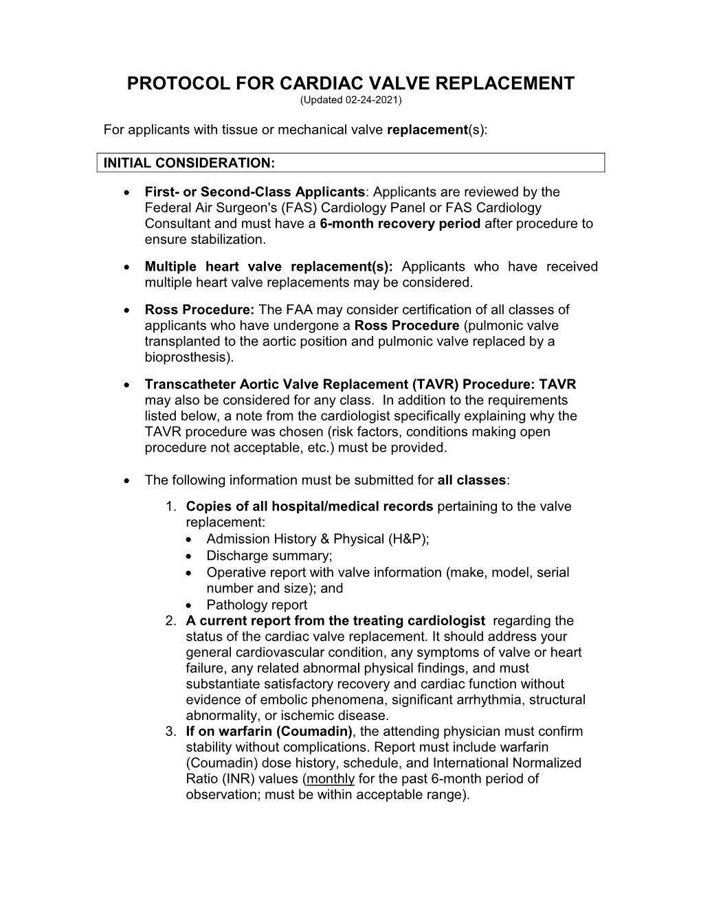 PROTOCOL for CARDIAC VALVE REPLACEMENT (Updated 02-24-2021)