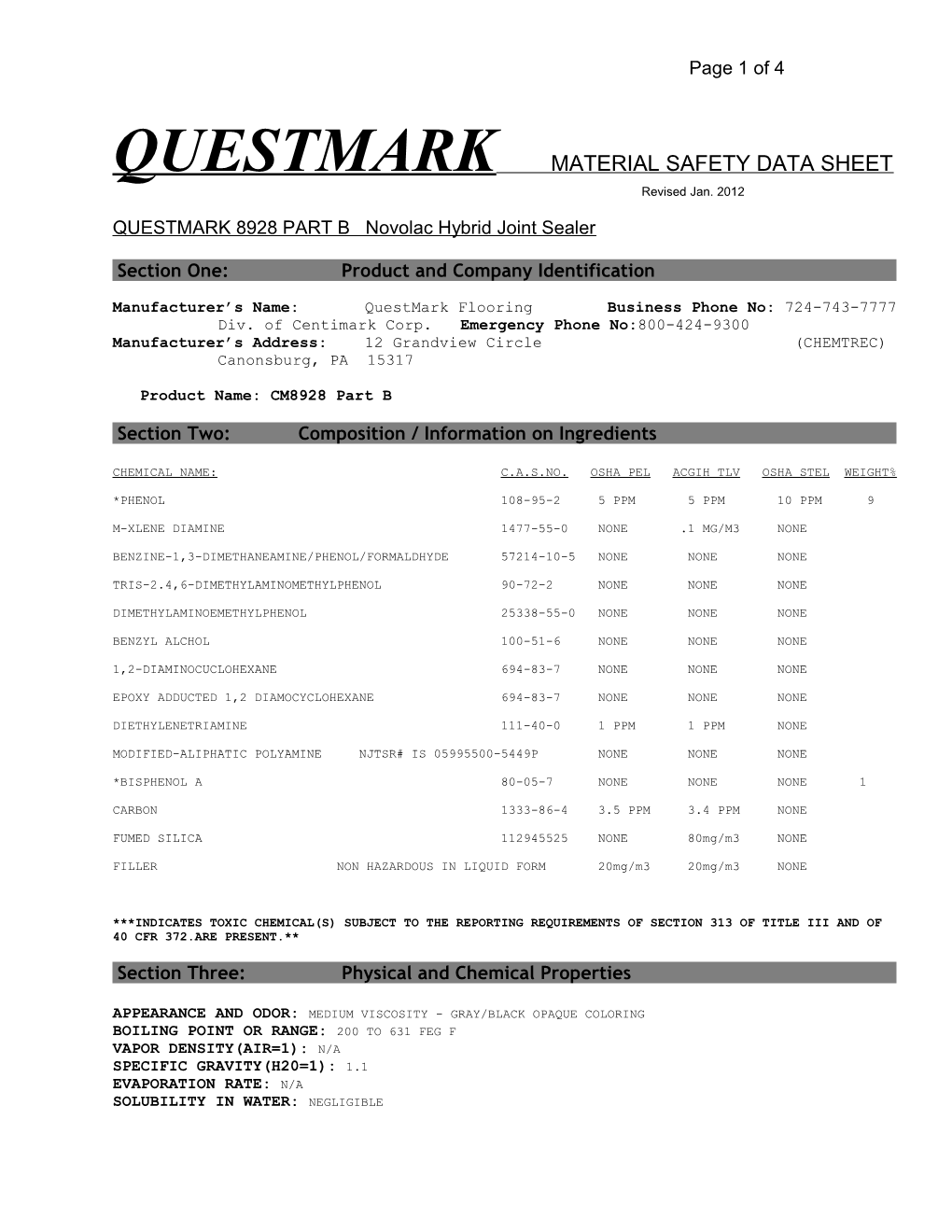 Centimark Material Safety Data Sheet