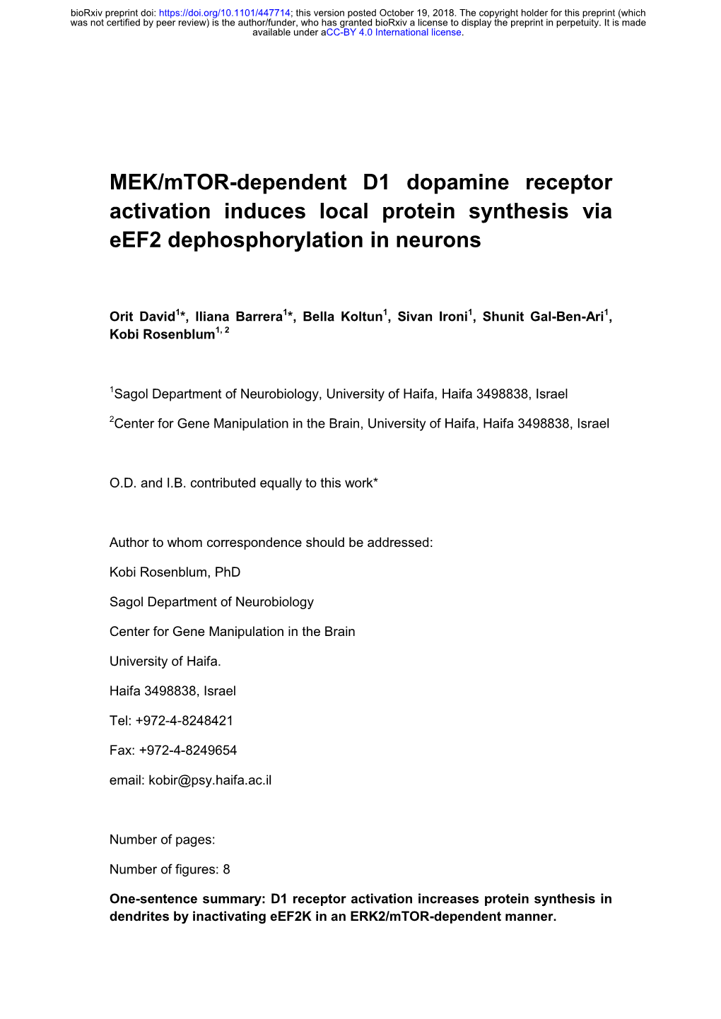 MEK/Mtor-Dependent D1 Dopamine Receptor Activation Induces Local Protein Synthesis Via Eef2 Dephosphorylation in Neurons