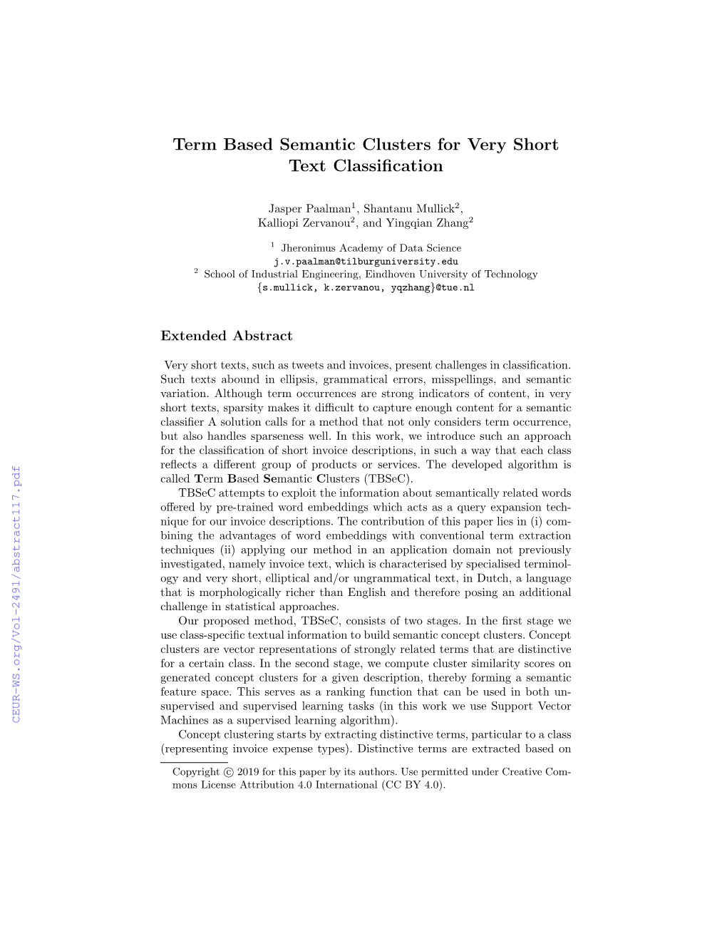 Term Based Semantic Clusters for Very Short Text Classification