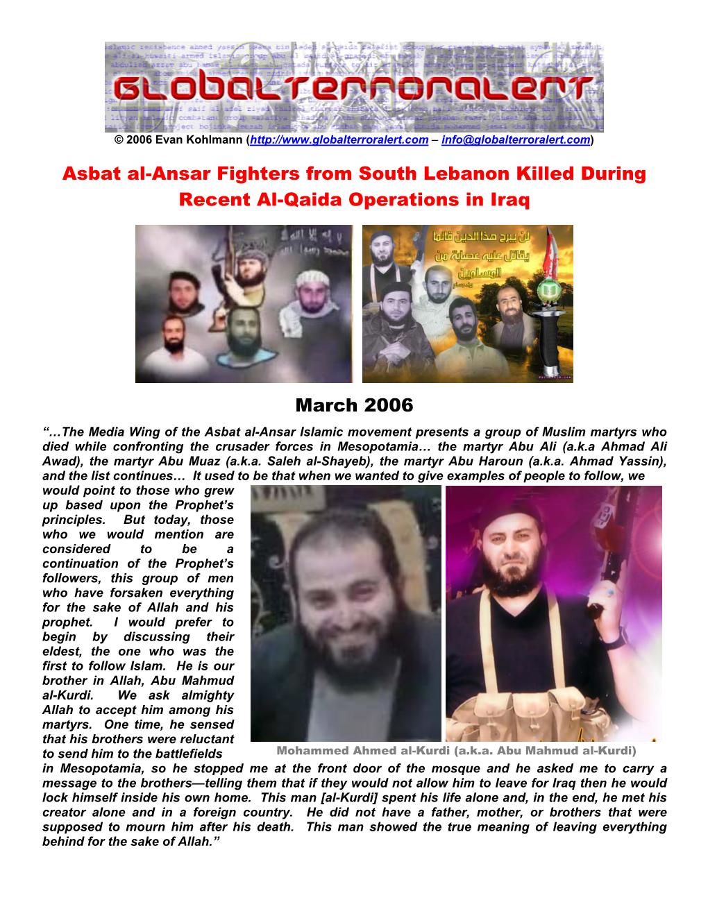 Asbat Al-Ansar Fighters from South Lebanon Killed During Recent Al-Qaida Operations in Iraq