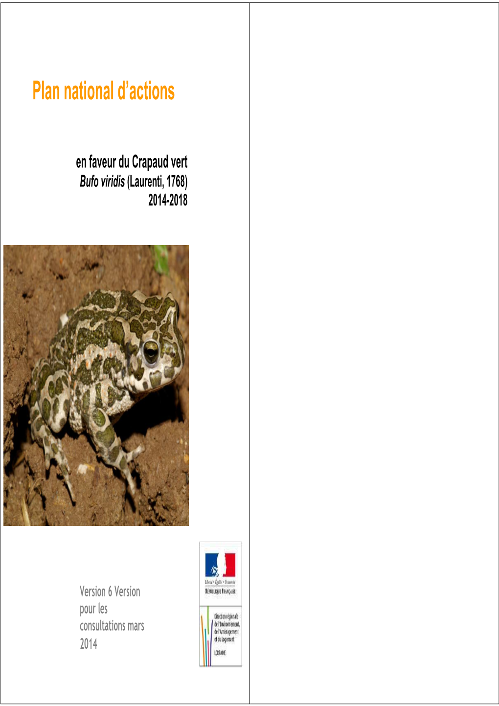 Projet De Plan National D'action En Faveur Du Crapaud Vert (Bufo Viridis)