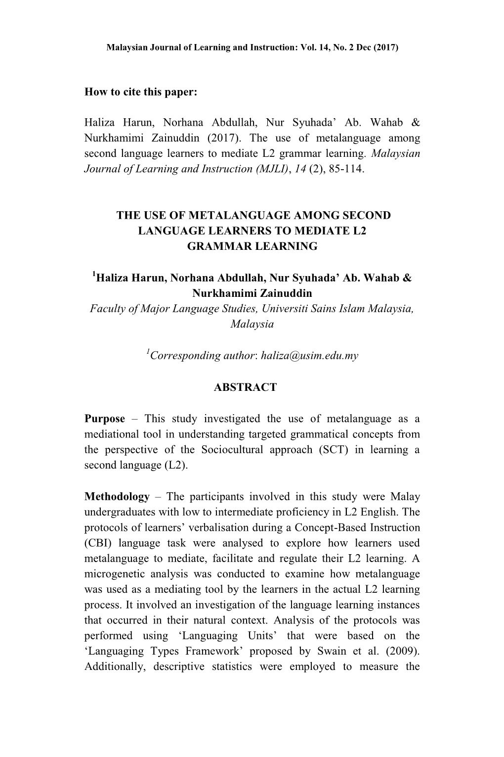 The Use of Metalanguage Among Second Language Learners to Mediate L2 Grammar Learning