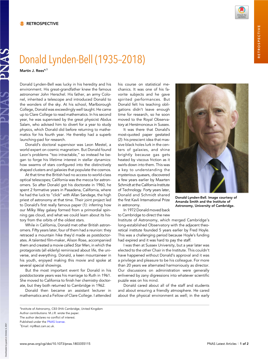 Donald Lynden-Bell (1935–2018) RETROSPECTIVE