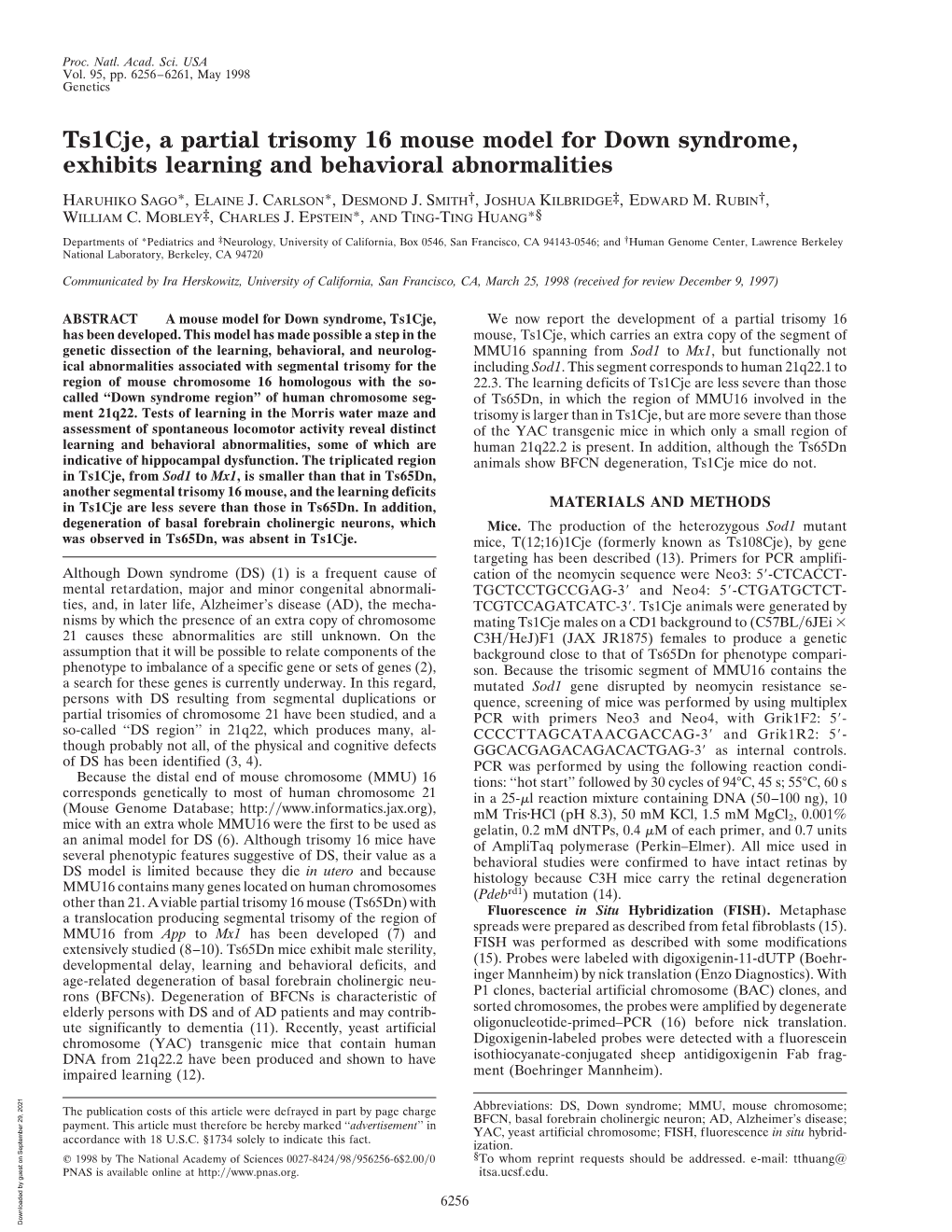 Ts1cje, a Partial Trisomy 16 Mouse Model for Down Syndrome, Exhibits Learning and Behavioral Abnormalities