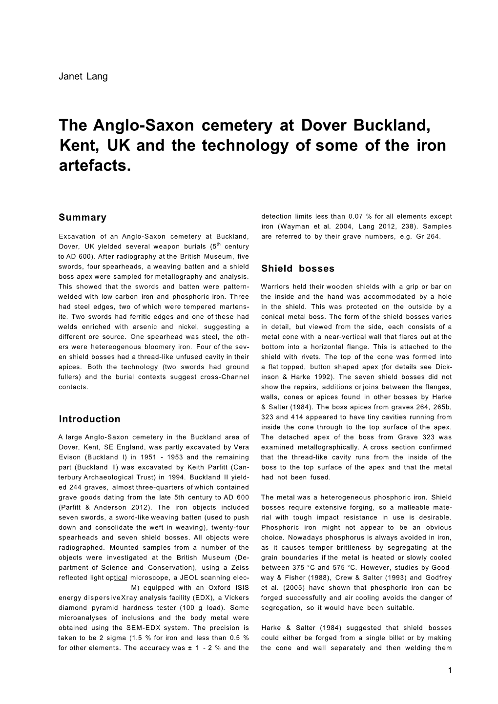 The Anglo-Saxon Cemetery at Dover Buckland, Kent, UK and the Technology of Some of the Iron Artefacts