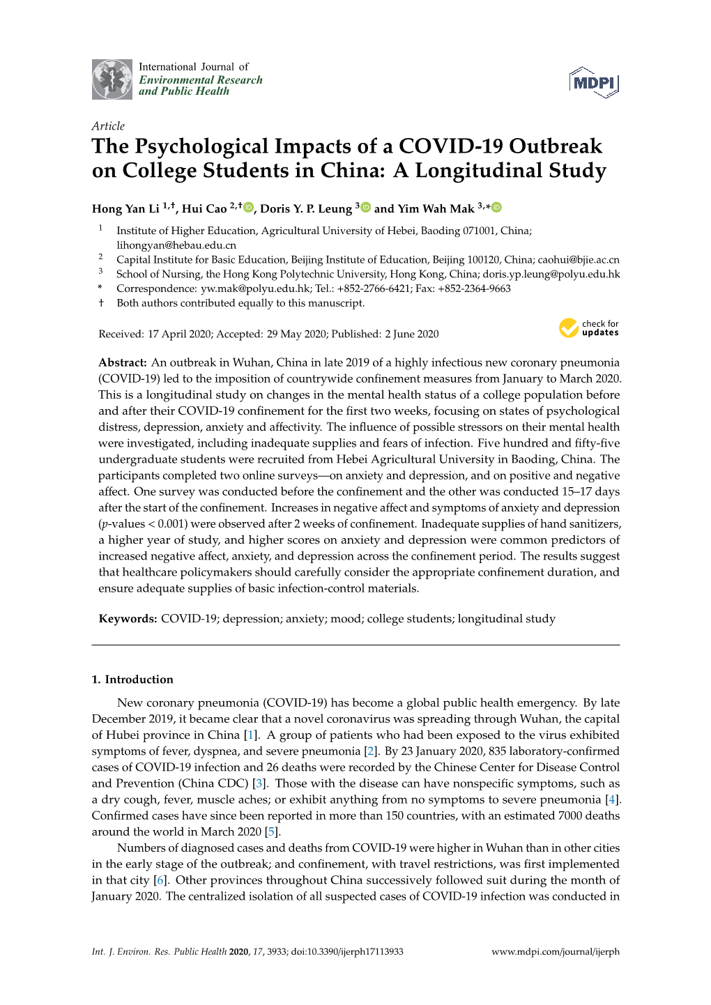 The Psychological Impacts of a COVID-19 Outbreak on College Students in China: a Longitudinal Study