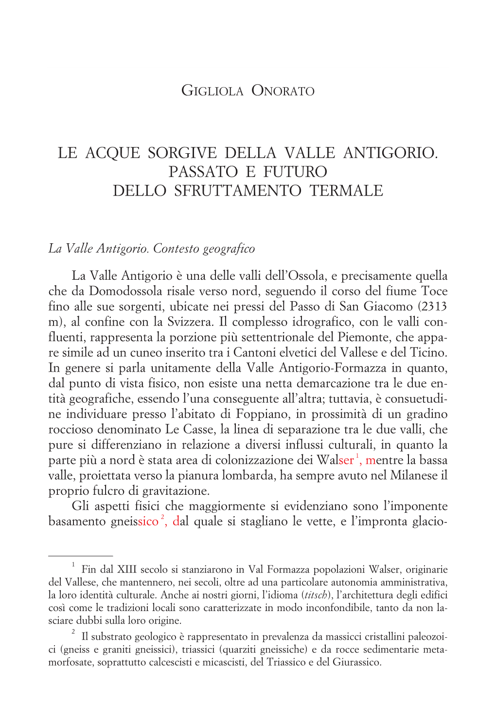 Le Acque Sorgive Della Valle Antigorio. Passato E Futuro Dello Sfruttamento Termale