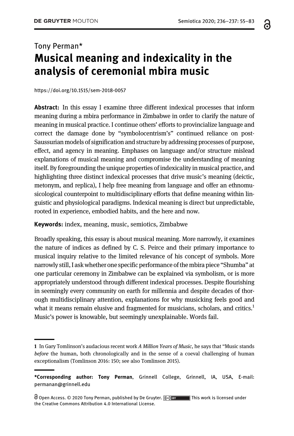 Musical Meaning and Indexicality in the Analysis of Ceremonial Mbira Music