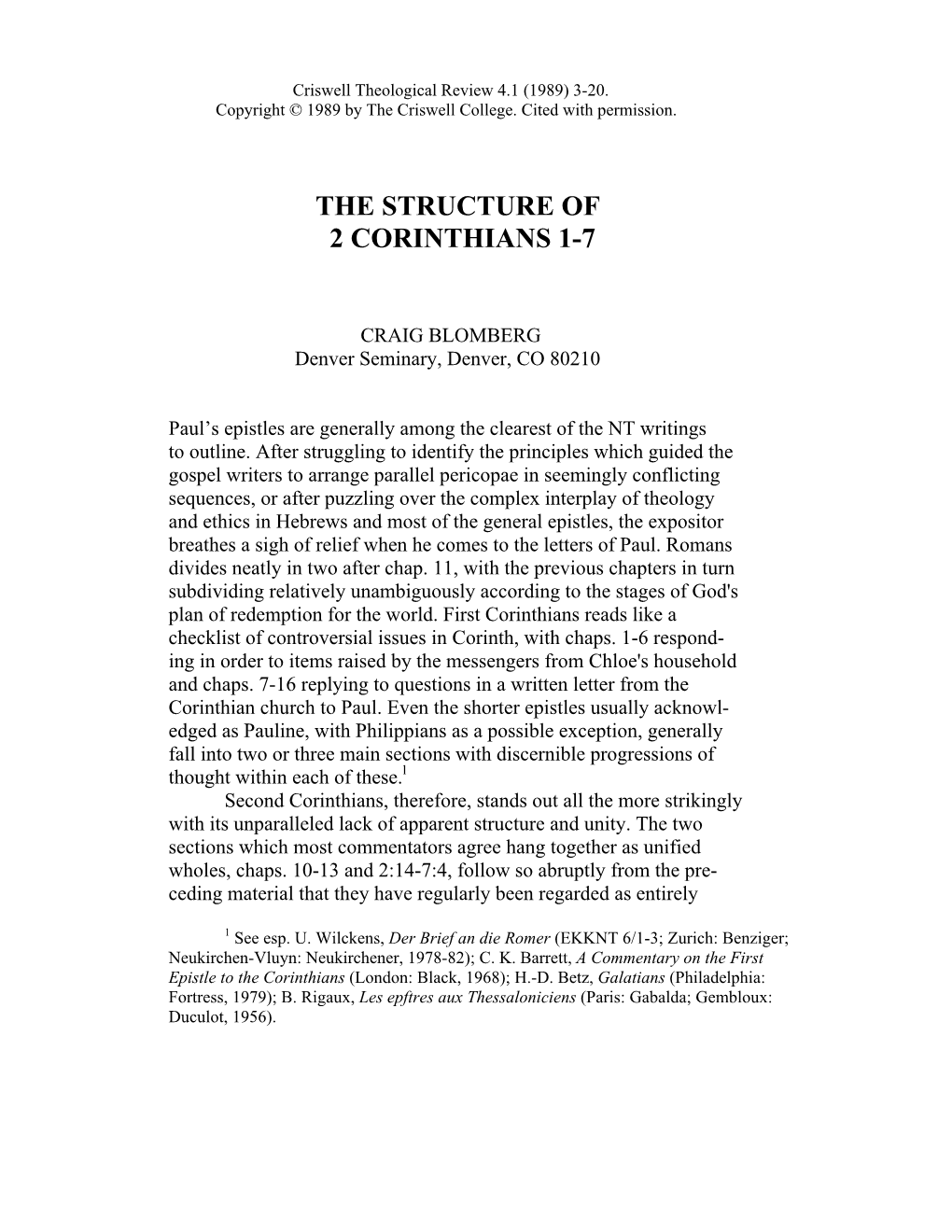 The Structure of 2 Corinthians 1-7