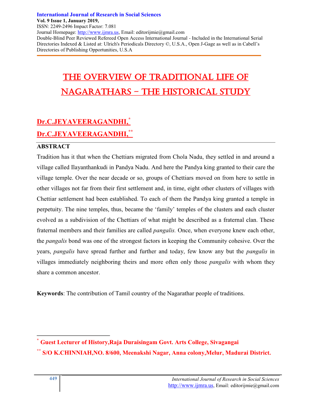 The Overview of Traditional Life of Nagarathars – the Historical Study