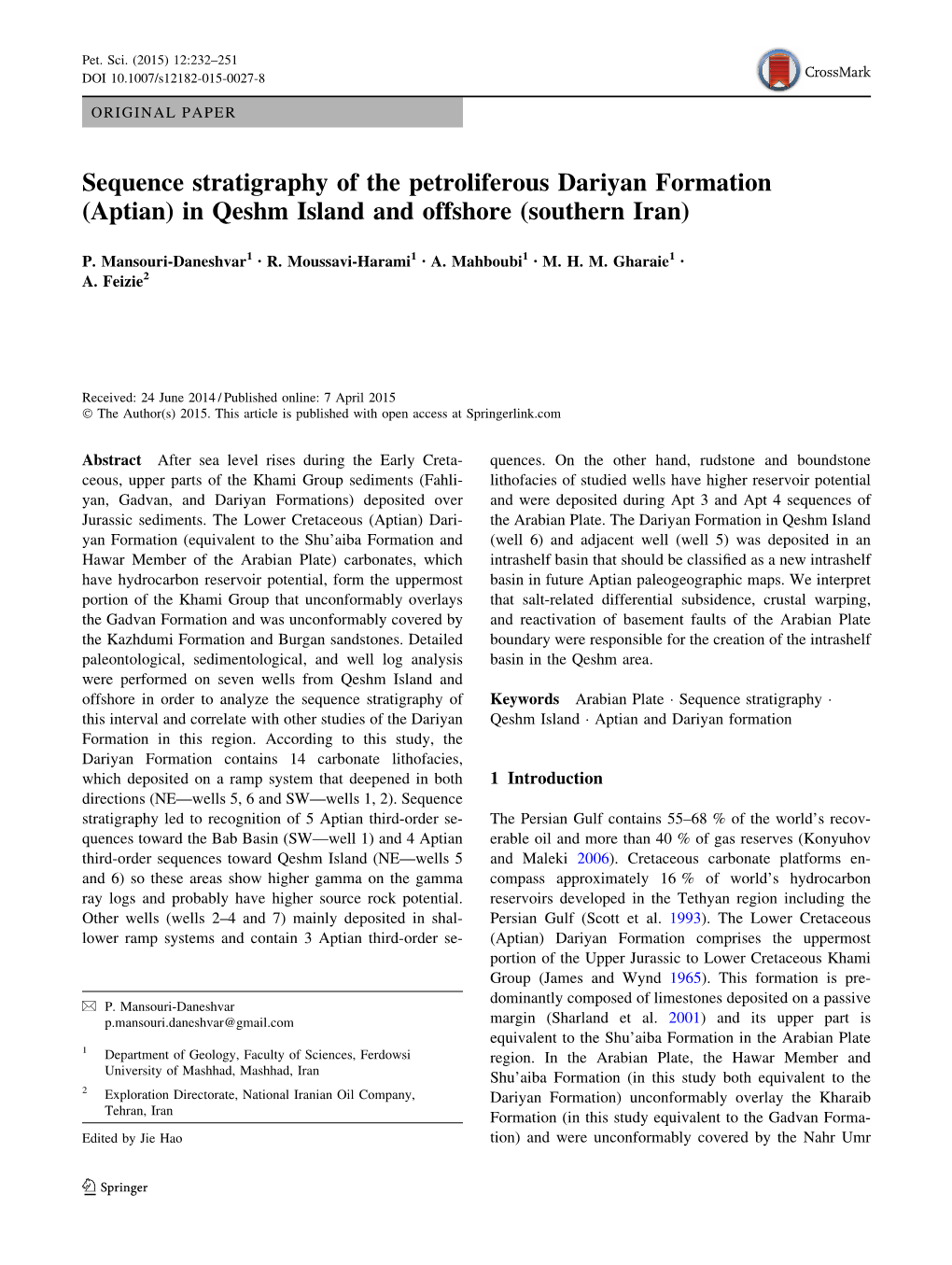 Sequence Stratigraphy of the Petroliferous Dariyan Formation (Aptian) in Qeshm Island and Offshore (Southern Iran)