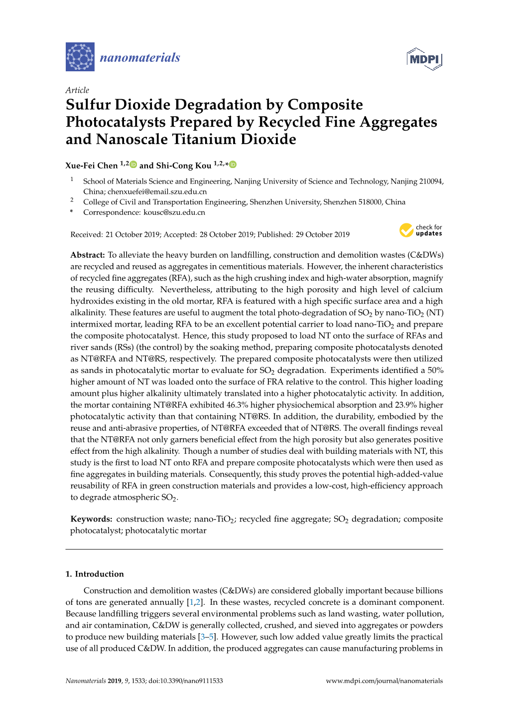 Sulfur Dioxide Degradation by Composite Photocatalysts Prepared by Recycled Fine Aggregates and Nanoscale Titanium Dioxide