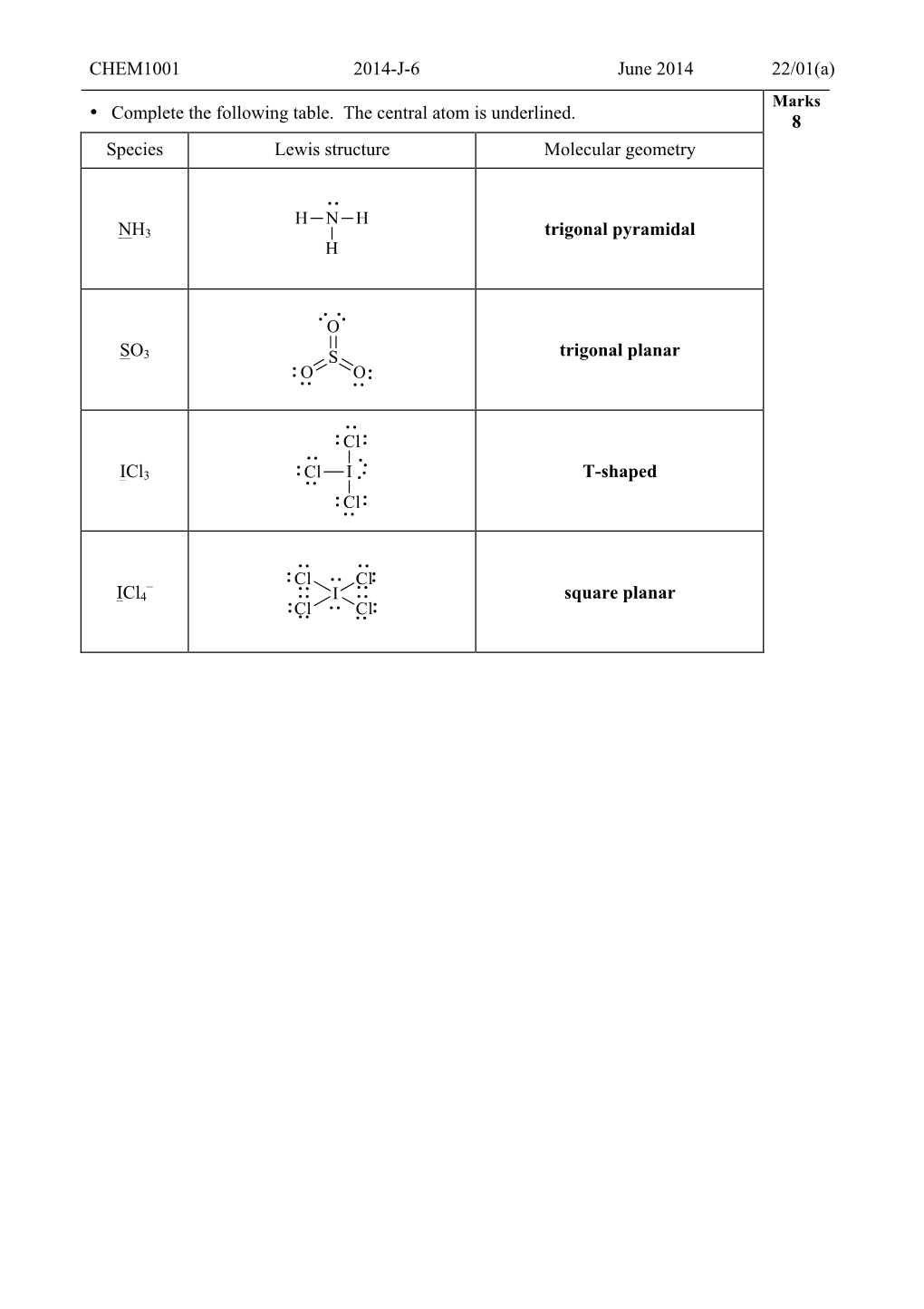 CHEM1001 2014-J-6 June 2014 22/01(A) • Complete the Following Table. the Central Atom Is Underlined. 8 Species Lewis Structu