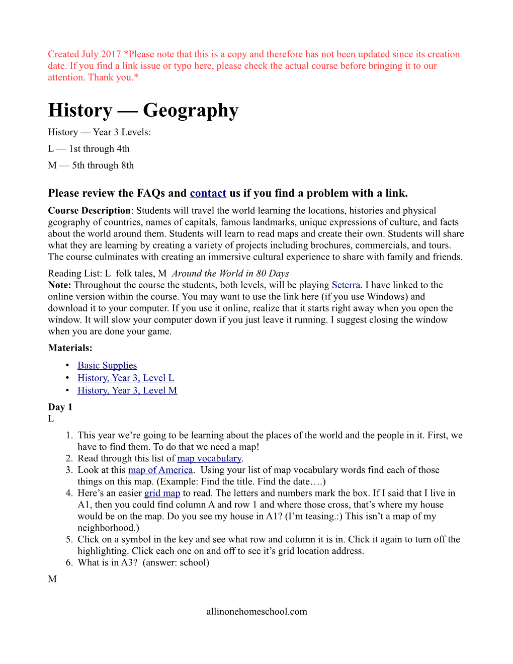 Geography History — Year 3 Levels: L — 1St Through 4Th M — 5Th Through 8Th