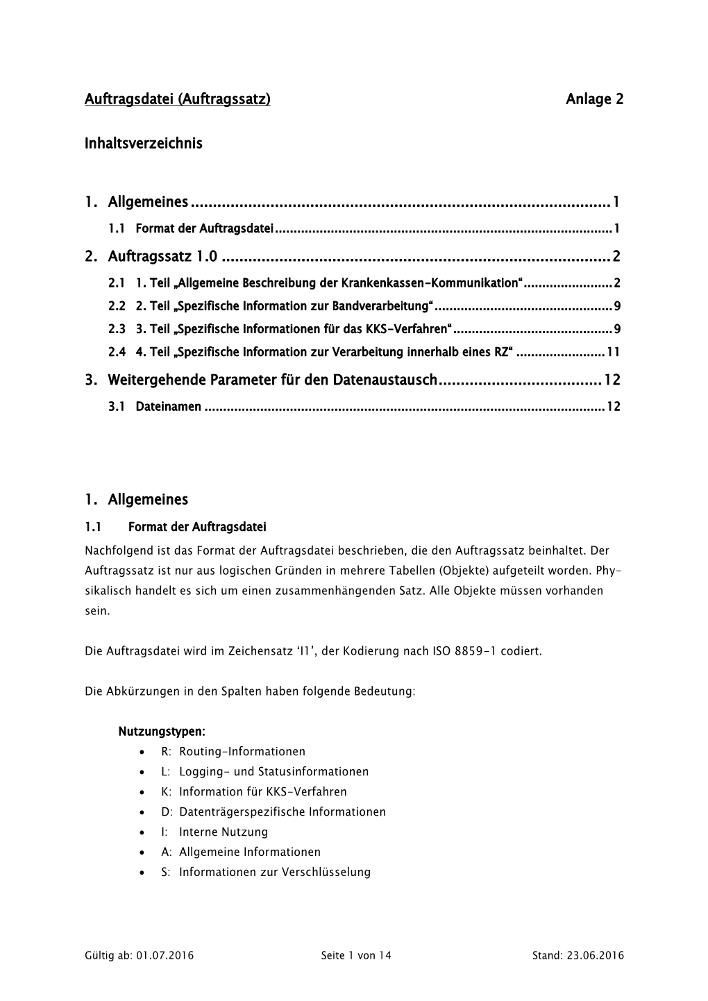 Auftragsdatei (Auftragssatz) Anlage 2 Inhaltsverzeichnis 1