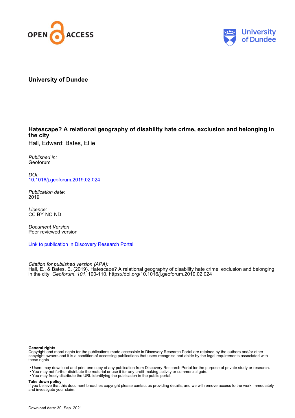 A Relational Geography of Disability Hate Crime, Exclusion and Belonging in the City Hall, Edward; Bates, Ellie