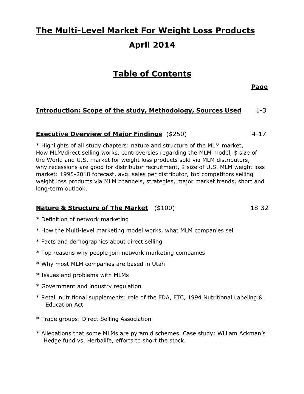 The Multi-Level Market for Weight Loss Products April 2014 Table Of