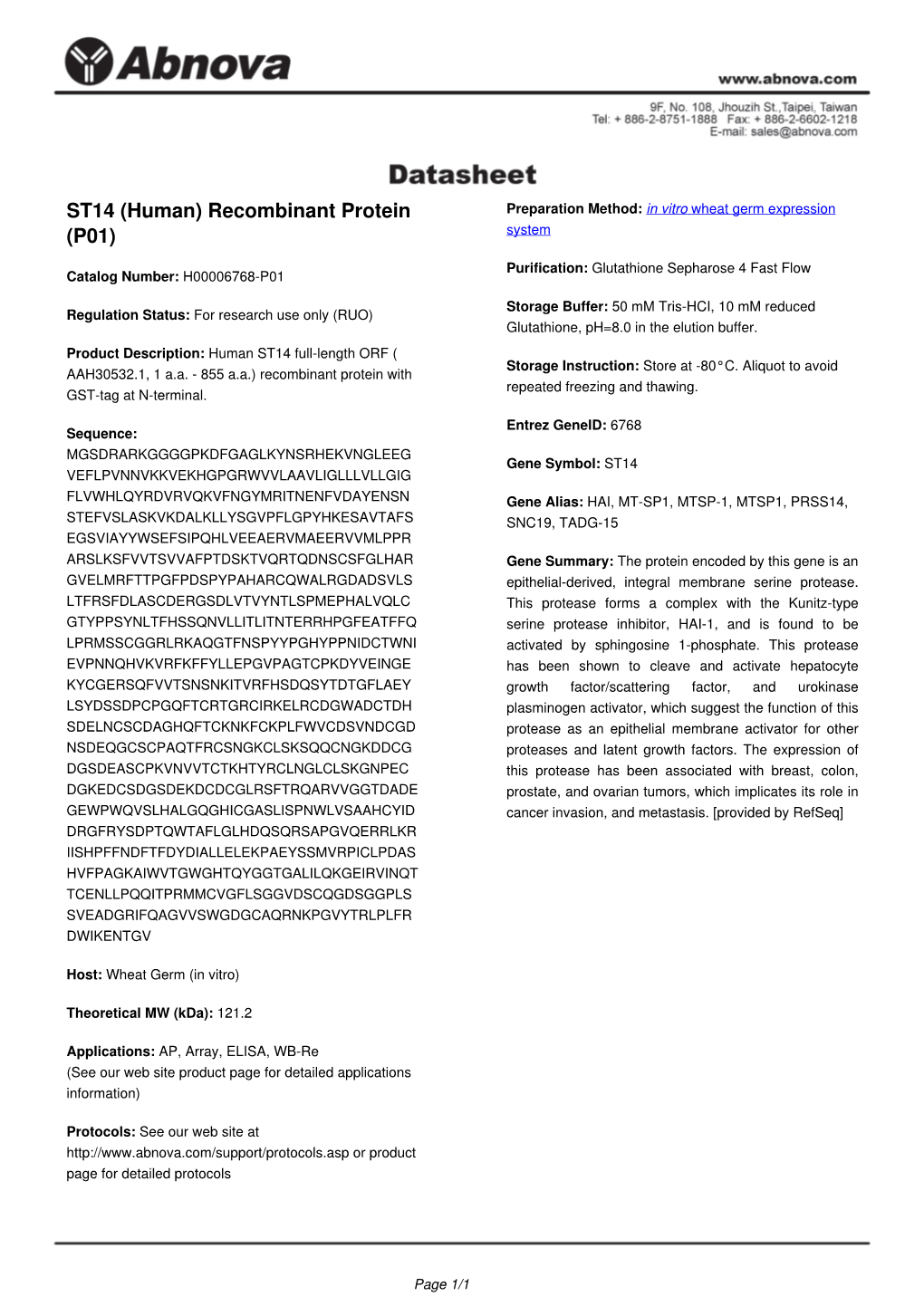 ST14 (Human) Recombinant Protein (P01)