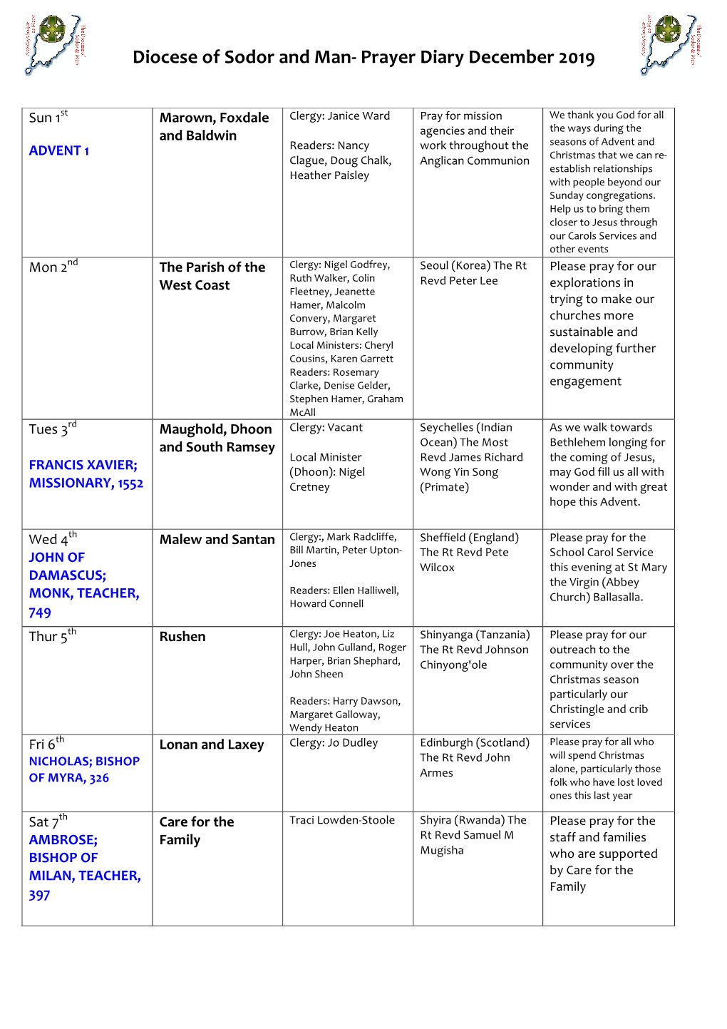 Diocese of Sodor and Man- Prayer Diary December 2019
