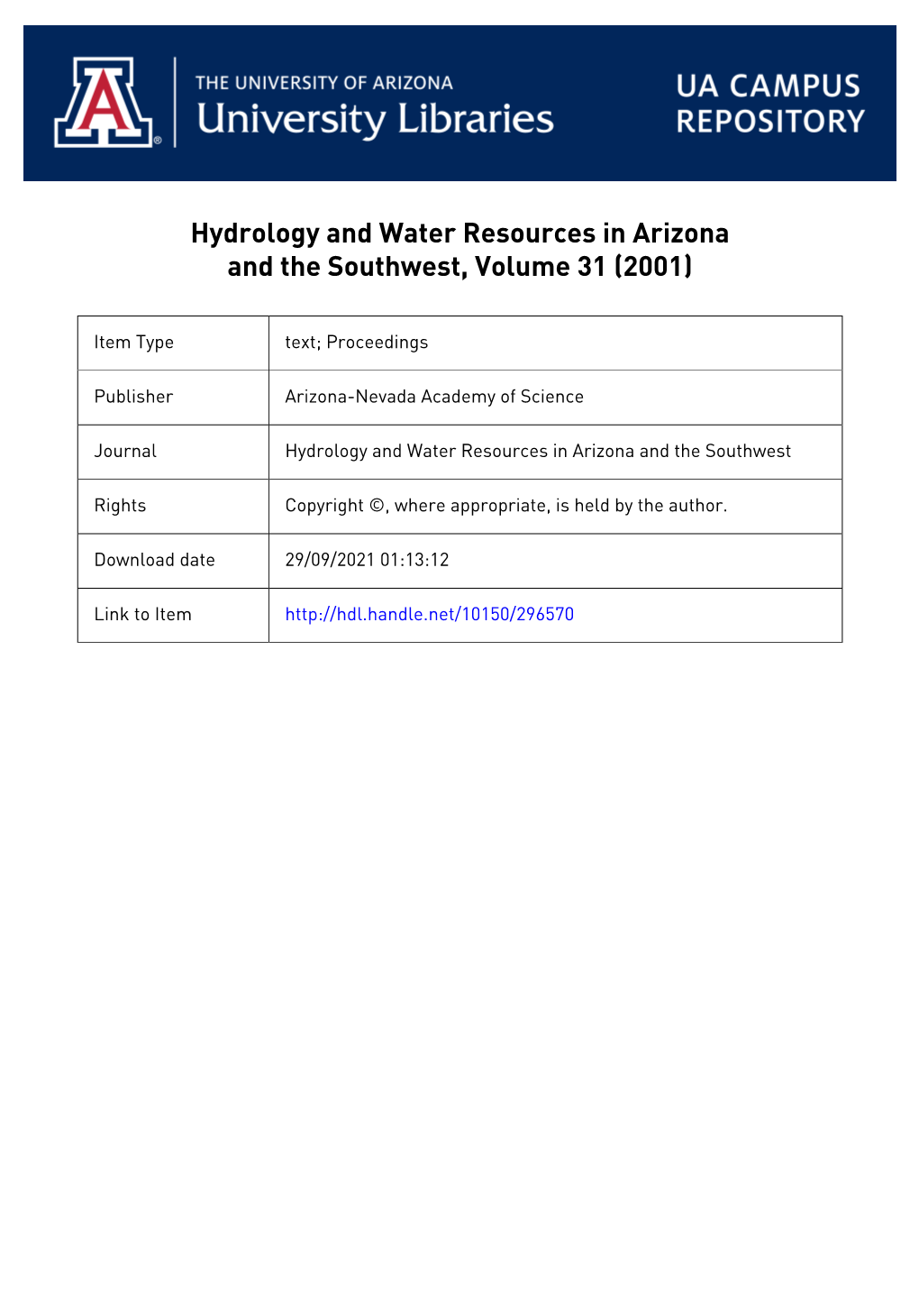 Hydrology and Water Resources in Arizona and the Southwest, Volume 31 (2001)